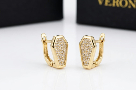 Cercei aur 14k - Cercei din Aur Galben 14K, Model Hexagonal Pavat cu Zirconiu