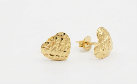 Cercei aur 14k surub - Cercei din Aur Galben 14K, Model Inimă cu Tăieturi Diamantate Facetate, 10 mm, 1.15 g