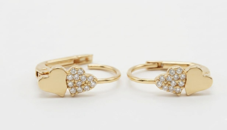 Cercei aur 14k copii - Cercei din Aur Galben 14K, Model Inimă Dublă cu Pavaj Zirconiu, 16 mm, 1.79 g