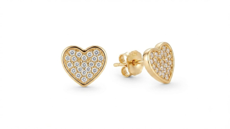 Cercei aur 14k - Cercei din Aur Galben 14K, Model Inimă Plină cu Pavaj din Zirconiu, 1.68 g