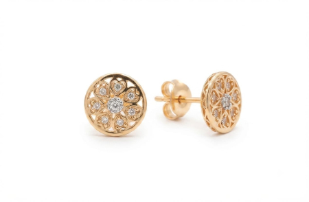 Cercei aur 14k surub - Cercei din Aur Galben 14K, Model Medalion Mandala cu Inimi și Zirconiu Central, 1.26 g