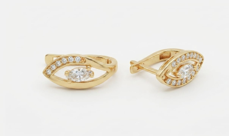 Cercei aur 14k - Cercei din Aur Galben 14K, Model Ochiul Norocos (Evil Eye) cu Zirconiu Marquise, 16 mm, 1.71 g