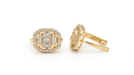 Cercei aur 14k - Cercei din Aur Galben 14K, Model Octogonal cu Mozaic din Baghete și Pavaj Zirconiu, 16 mm, 2.82 g