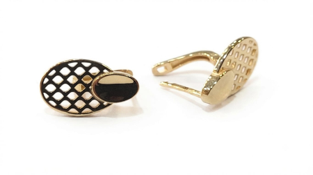 Cercei aur 14k - Cercei din Aur Galben 14K, Model Oval cu Rețea Geometrică și Inserție de Email Negru, 18 mm, 2.72 g