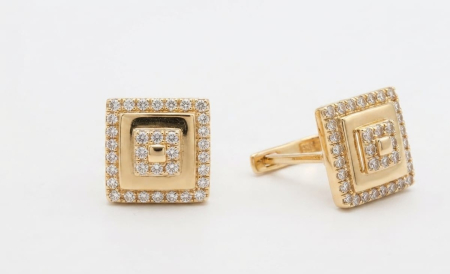 Cercei aur 14k - Cercei din Aur Galben 14K, Model Pătrat Geometric cu Zirconiu, 12 mm, 2.49 g