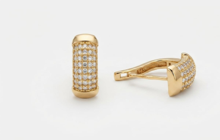 Cercei aur 14k - Cercei din Aur Galben 14K, Model Semiverigă Bombată cu Pavaj Dens din 5 Rânduri de Zirconiu, 19 mm, 2.47 g