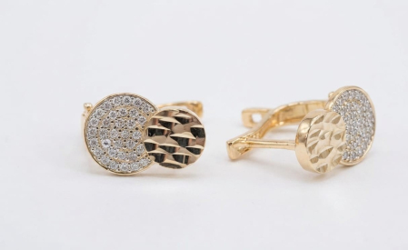 Cercei aur 14k - Cercei din Aur Galben 14K, Model Semiverigă cu Doi Bănuți Întrepătrunși, Pavaj Zirconiu și Finisaj Diamantat, 17 mm, 2.61 g
