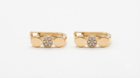 Cercei aur 14k - Cercei din Aur Galben 14K, Model Semiverigă cu Trei Bănuți și Pavaj Central Zirconiu, 16 mm, 2.29 g