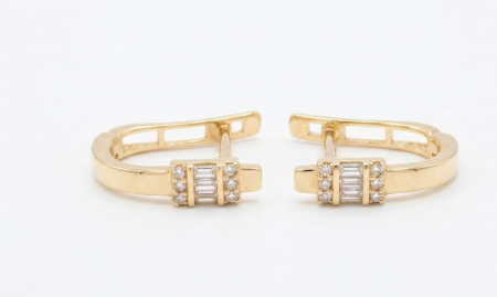 Cercei aur 14k - Cercei din Aur Galben 14K, Model Semiverigă Fină cu Mozaic din Baghete și Pavaj Zirconiu, 18 mm, 1.53 g