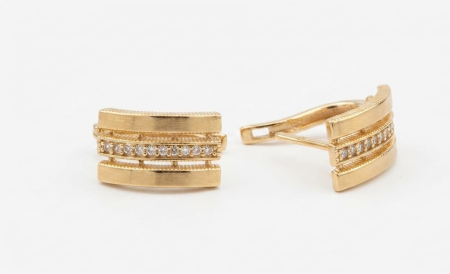 Cercei aur 14k - Cercei din Aur Galben 14K, Model Semiverigă Lată cu 3 Benzi, Finisaj Satinat și Pavaj Zirconiu, 2 cm, 2.55 g