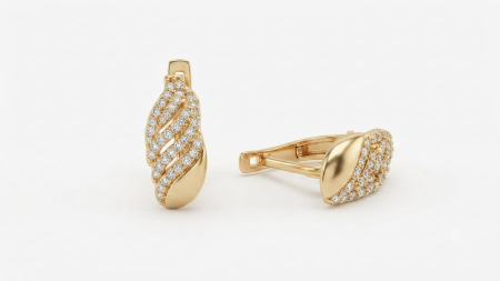 Cercei aur 14k - Cercei din Aur Galben 14K, Model Semiverigă Lată cu Linii Curbate Ondulate și Pavaj Zirconiu, 2 cm, 3.33 g
