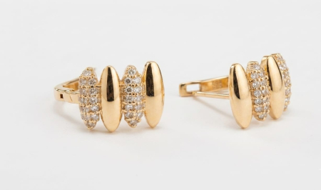Cercei aur 14k - Cercei din Aur Galben 14K, Model Semiverigă Lată cu Patru Elemente Marquise, Pavaj Zirconiu și Finisaj Oglindă, 18 mm, 2.72 g