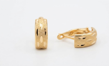 Cercei aur 14k - Cercei din Aur Galben 14K, Model Semiverigă Sablată cu tăieturi Diamantate, 18 mm, 1.64 g