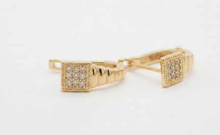 Cercei aur 14k - Cercei din Aur Galben 14K, Model Semiverigă Striată cu Pătrat Frontal Pavat, 16 mm, 1.89 g