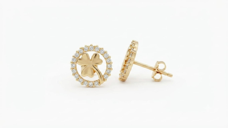 Cercei aur 14k surub - Cercei din Aur Galben 14K, Model Trifoi în Medalion Rotund cu Pavaj Zirconiu, 10 mm, 1.35 g