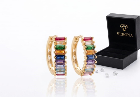 Cercei aur 14k copii - Cercei din Aur Galben 14K Multicolori | Colecția VERONA Rainbow Baguette