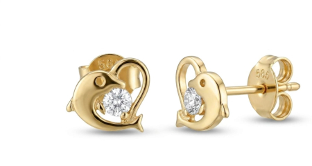 Cercei aur 14k surub - Cercei din Aur Galben 14K "Ocean Love" – Model Delfin cu Inimă și Zirconia