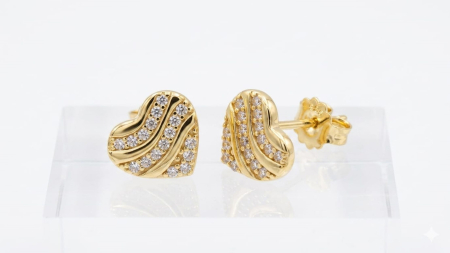 Cercei aur 14k surub - Cercei din Aur Galben 14K "Ocean of Love" – Model Inimă Bombată cu Valuri de Zirconia