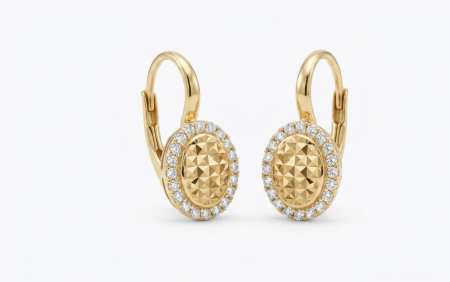 Cercei aur 14k - Cercei din Aur Galben 14K Ovali cu Centru Diamantat și Halo de Zirconii