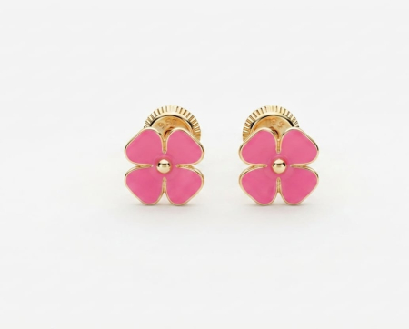 Cercei aur 14k surub - Cercei din Aur Galben 14K pentru Copii – Floricele / Trifoi cu Email Roz Intens – 1.00 g