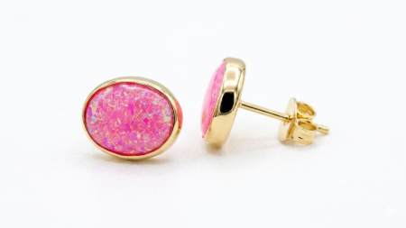 Cercei aur 14k surub - Cercei din Aur Galben 14K "Pink Opal Blossom" – Eleganță Ovală