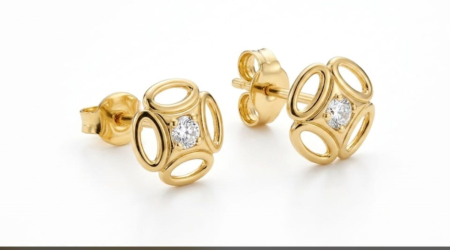 Cercei aur 14k surub - Cercei din Aur Galben 14K „Quatrefoil Geometric” cu Zirconiu Central