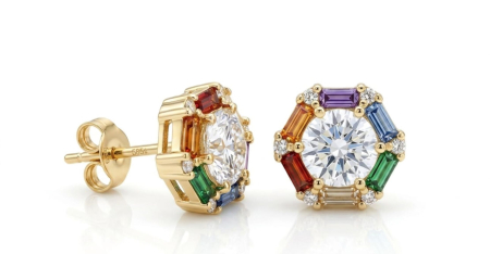 Cercei aur 14k surub - Cercei din Aur Galben 14K "Rainbow Octagon Halo" – Strălucire Regală și Cristale Multicolore