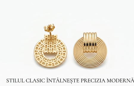 Cercei aur 14k - Cercei din Aur Galben 14K Rotunzi cu Cercuri Concentrice și Inel Canela