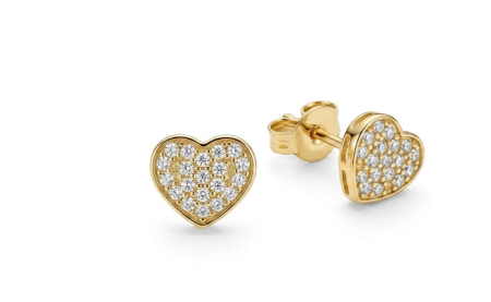 Cercei aur 14k surub - Cercei din Aur Galben 14K "Sparkling Heart" – Inimi Bombe încrustate cu Pavé de Zirconia