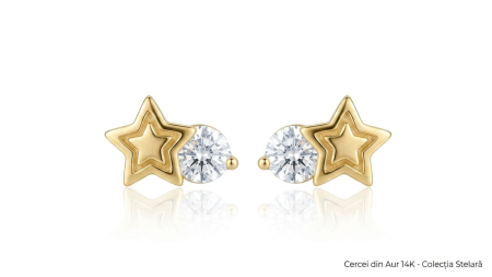 Cercei aur 14k surub - Cercei din Aur Galben 14K "Stellar Comet" – Model Stea Dublă cu Zirconia Premium