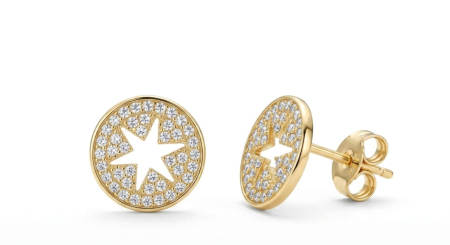 Cercei aur 14k surub - Cercei din Aur Galben 14K "Stellar Disc" – Model Bănuț cu Stea Decupată și Pavé de Zirconia