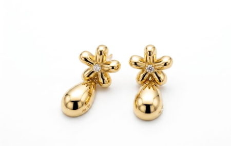 Cercei aur 14k surub - Cercei din Aur Galben 14K "Stellar Flora Drop" – Model Pendul cu Floare Bombată și Zirconia