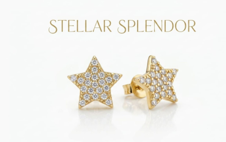 Cercei aur 14k surub - Cercei din Aur Galben 14K "Stellar Splendor" în Formă de Stea cu Pavé de Zirconia