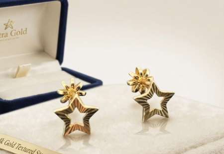 Cercei aur 14k copii - Cercei din Aur Galben 14K Steluțe Decupate cu Finisaj Diamantat | Închidere cu Filet (1.12 gr)