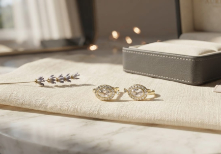 Cercei aur 14k copii - Cercei din Aur Galben 14K Stil Halo Oval – O Coroană de Strălucire Absolută