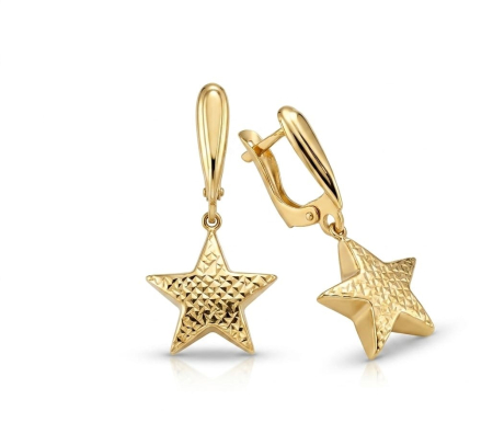 Cercei aur 14k - Cercei din Aur Galben 14K Suspendați | Model Steluță Bombată Diamantată