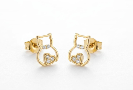 Cercei aur 14k surub - Cercei din Aur Galben 14K "Sweet Kitten" – Model Pisicuță cu Inimă și Zirconia