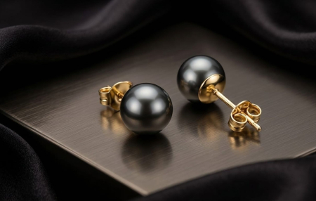 Cercei aur 14k surub - Cercei din Aur Galben 14K "Tahitian Noir" – Model Clasic cu Perle Negre