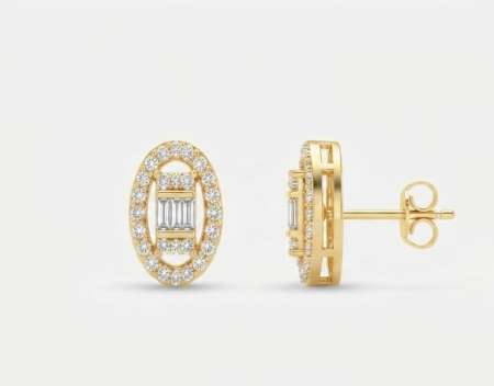 bijuterii aur - Cercei din Aur Galben de 14K cu Design Oval Halo și Pietre Geometrice (1.3g)