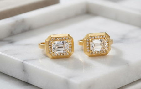 Cercei aur 14k - Cercei din Aur Galben Satinal 14K cu Piatră Centrală Emerald Cut și Halo – 15mm (4.44 gr)