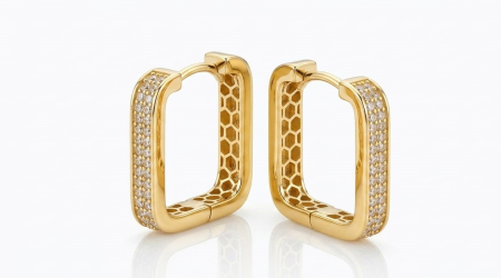 Cercei aur 14k - Cercei Dreptunghiulari din Aur Galben 14K cu Două Rânduri de Zirconiu, 18 mm – 3.52 g