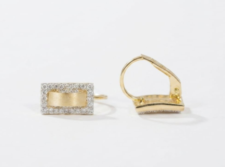 Cercei aur 14k - Cercei Dreptunghiulari din Aur Galben 14K cu Finisaj Satinat și Halou Zirconia, 18 mm, 1.93 g