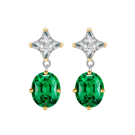 Cercei argint - Cercei Drop din Argint 925 cu Cristal Zirconiu Verde Smarald și Stea Sparkle