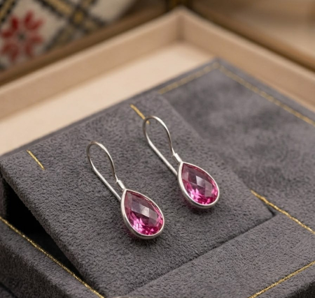 Cercei argint - Cercei Drop din Argint 925 „Pink Drop” – Cercei Minimaliști cu Zirconii Lacrimă Roz, 2.9g