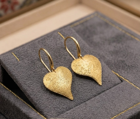 Cercei argint - Cercei Drop din Argint 925 Placați cu Aur „Golden Leaf Heart” – Finisaj Texturat Satinat, 5.10g