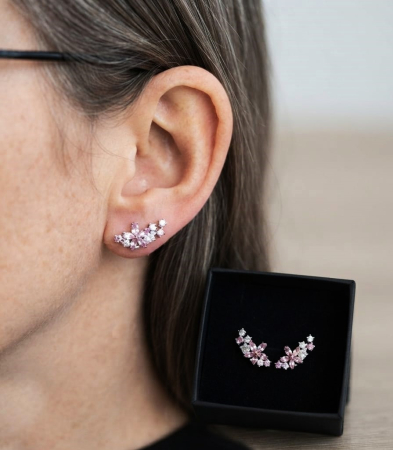 Cercei argint - Cercei Ear Climber din Argint 925 Cherry Blossom – Efect multi-piercing într-un design floral spectaculos