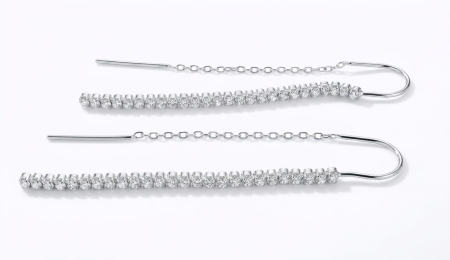 Cercei aur 14k - Cercei Fir din Aur Alb 14K cu Lănțișor și Șir Flexibil Tennis din Zirconiu, 6 cm