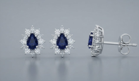 CERCEI AUR 14K CU DIAMANT NATURAL - Cercei floral-roset din aur alb 14K cu pietre safir tip lacrimă 0.54 ct și diamante