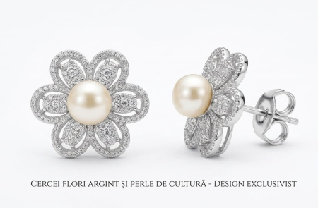 Cercei argint - Cercei Flori din Argint 925 cu Perle de Cultură și Zirconiu – Design Exclusivist