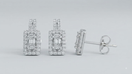 LANT AUR CU DIAMANTE NATURALE - Cercei geometrici din aur alb 14K cu halo de diamante naturale, 0.73 ct